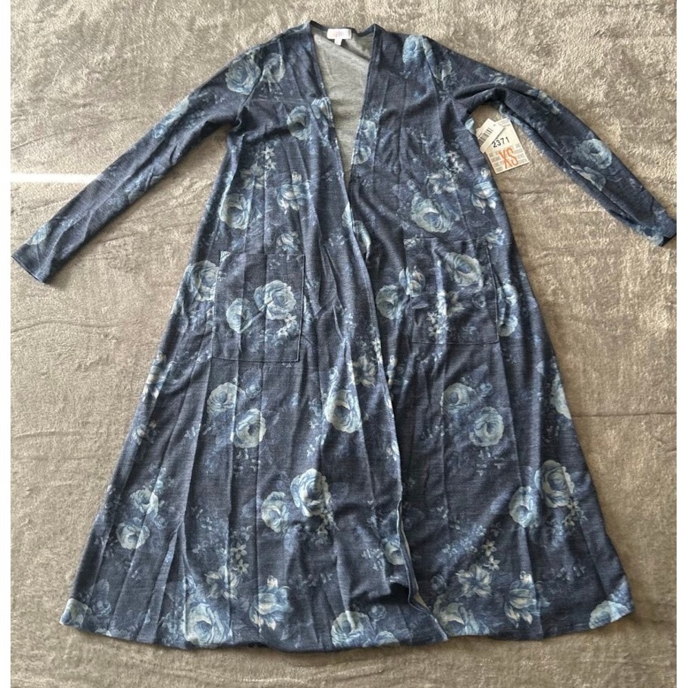 LuLaRoe Sarah Long Cardigan Sweater XS Blue Floral Rose Duster Open Front Pocket